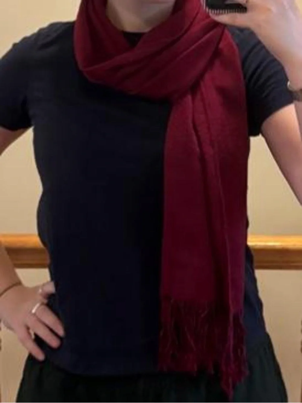 cozy red scarf with fringe